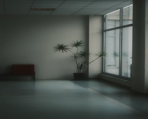 A calm room with minimal lighting and a plant
